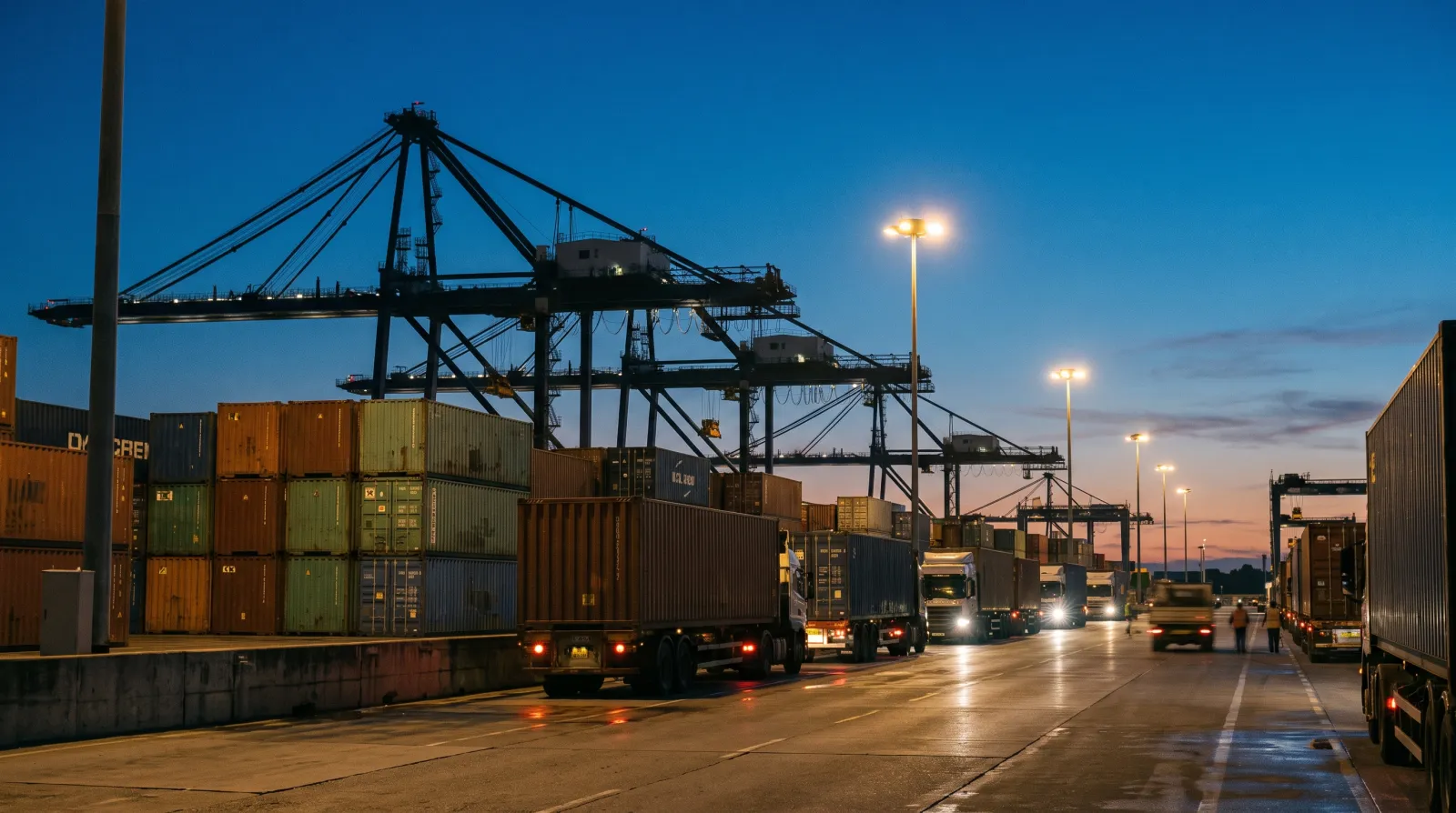 A container port at night, gantry cranes over stacked containers