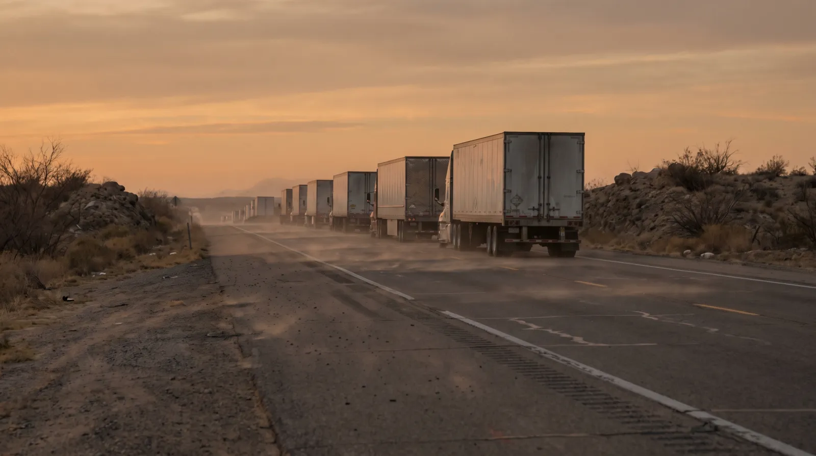 A convoy of freight trucks on an open highway
