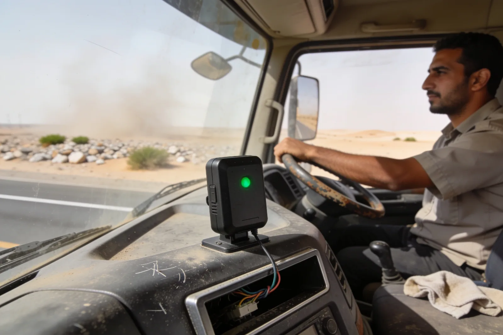A telematics unit fitted inside a truck cab