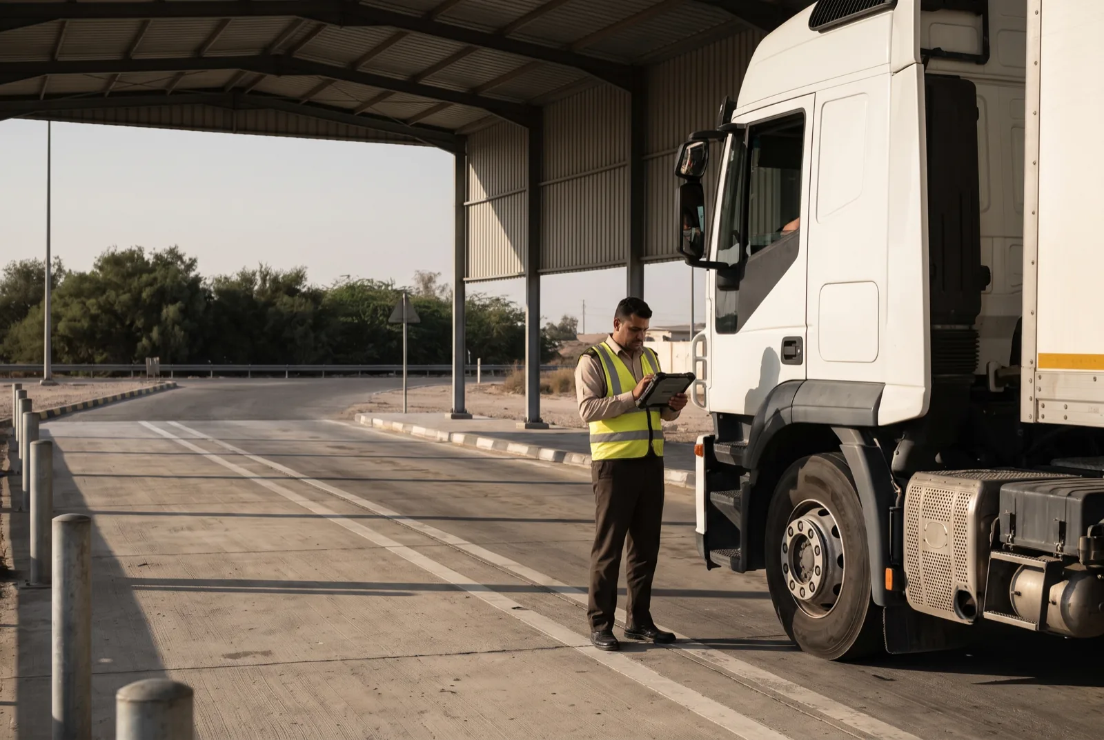 A roadside inspection point, an officer checking a heavy vehicle