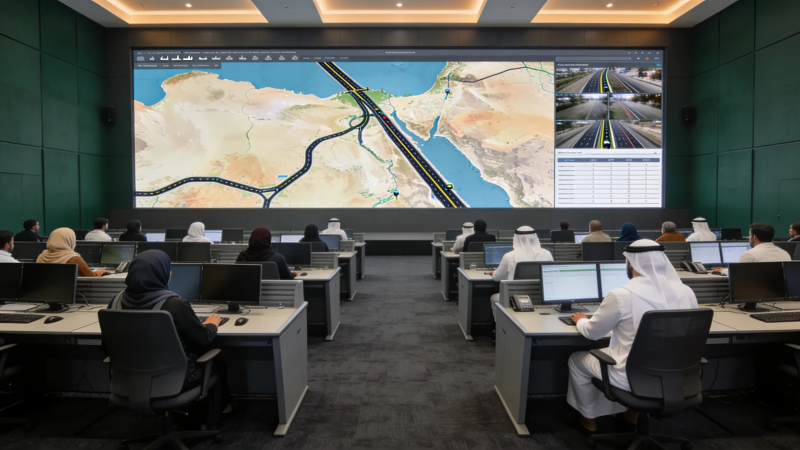 A national traffic oversight centre, analysts at workstations facing a wall of screens